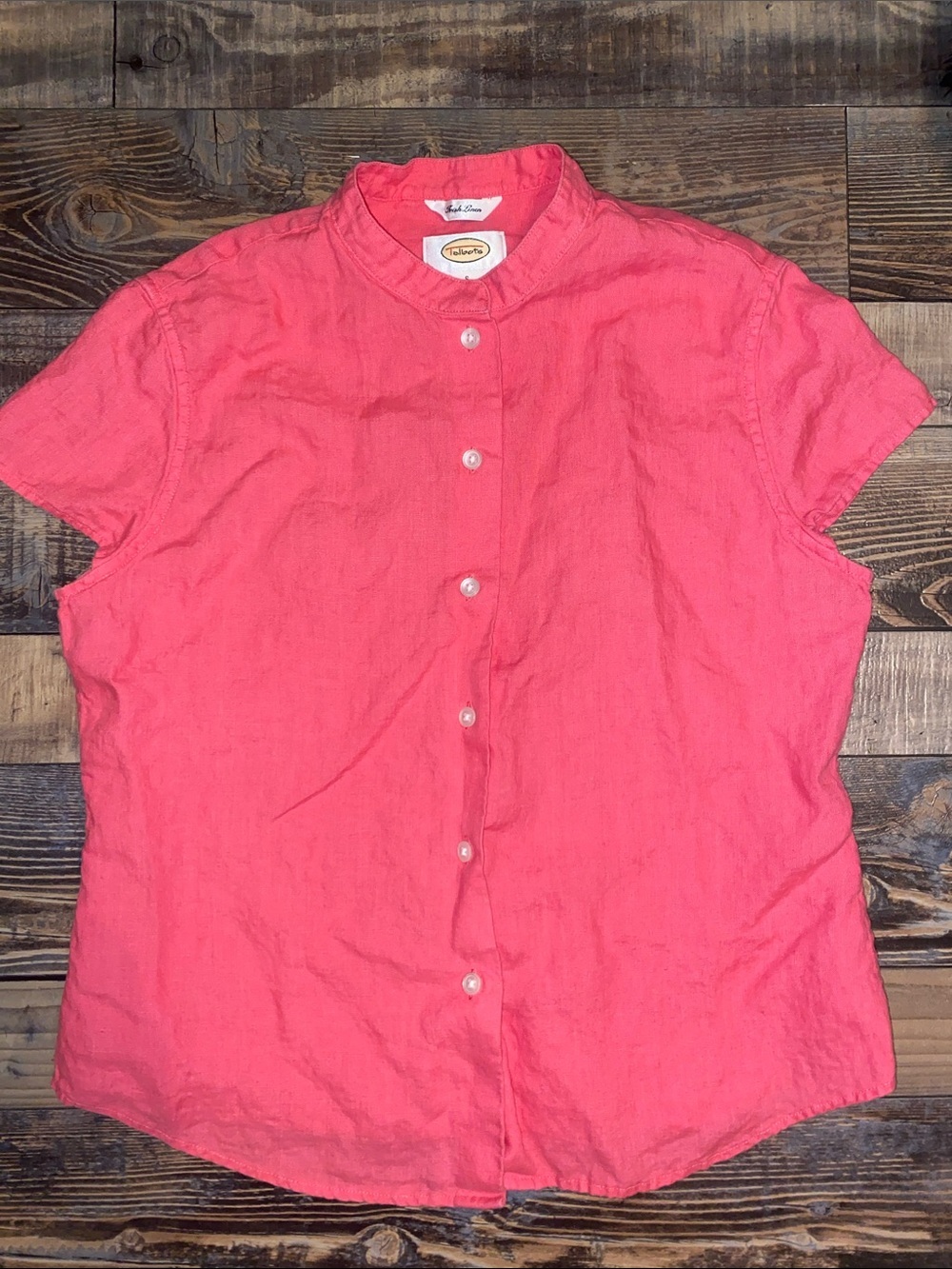Talbots Coral Irish Linen Short-Sleeve Mandarin Collar Button-Down Top